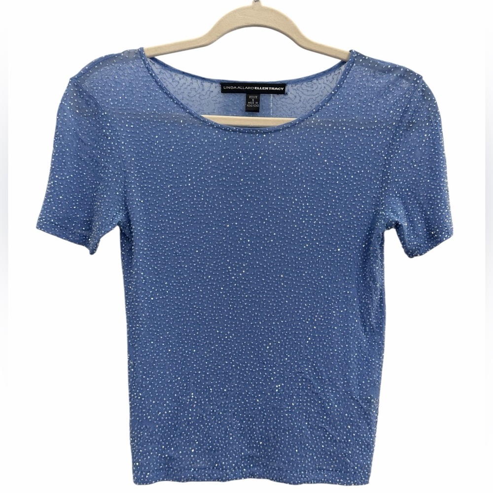 Beaded Linda Allard Ellen Tracy Blue Top Size Small Petite - Picture 2 of 6